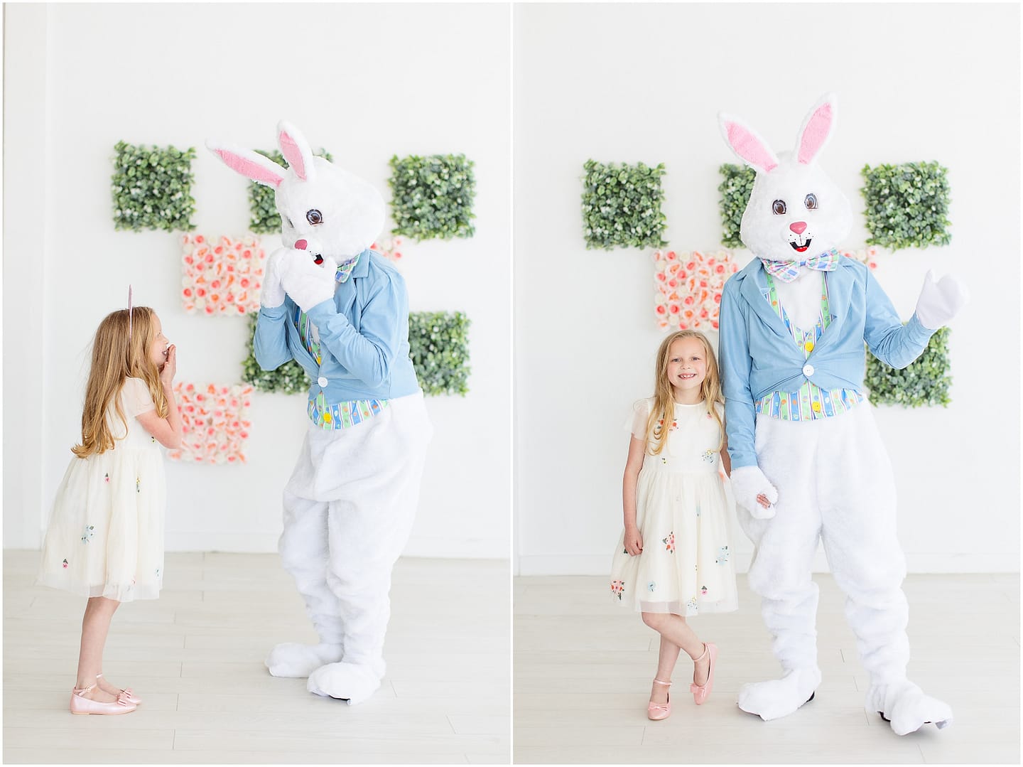 Little girl is surprised upon seeing the Easter Bunny at Boise studio session. Photo by Tiffany Hix Photography.
