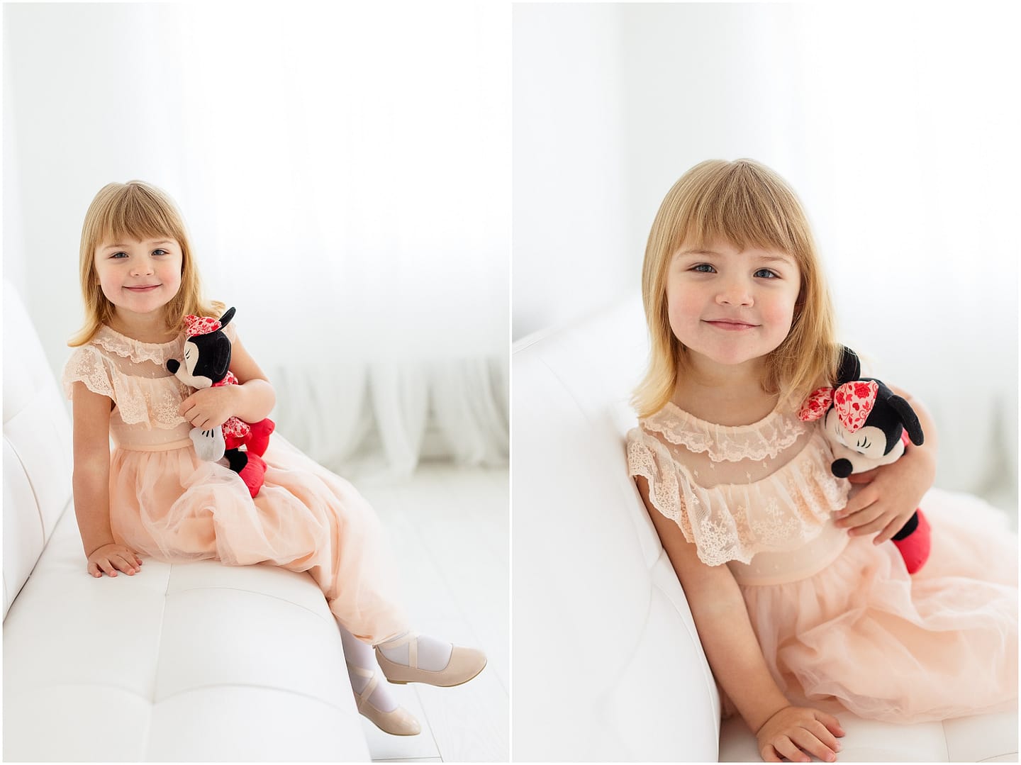 Little girl holds Minnie Mouse plush during Boise childhood session. Photo by Tiffany Hix Photography.