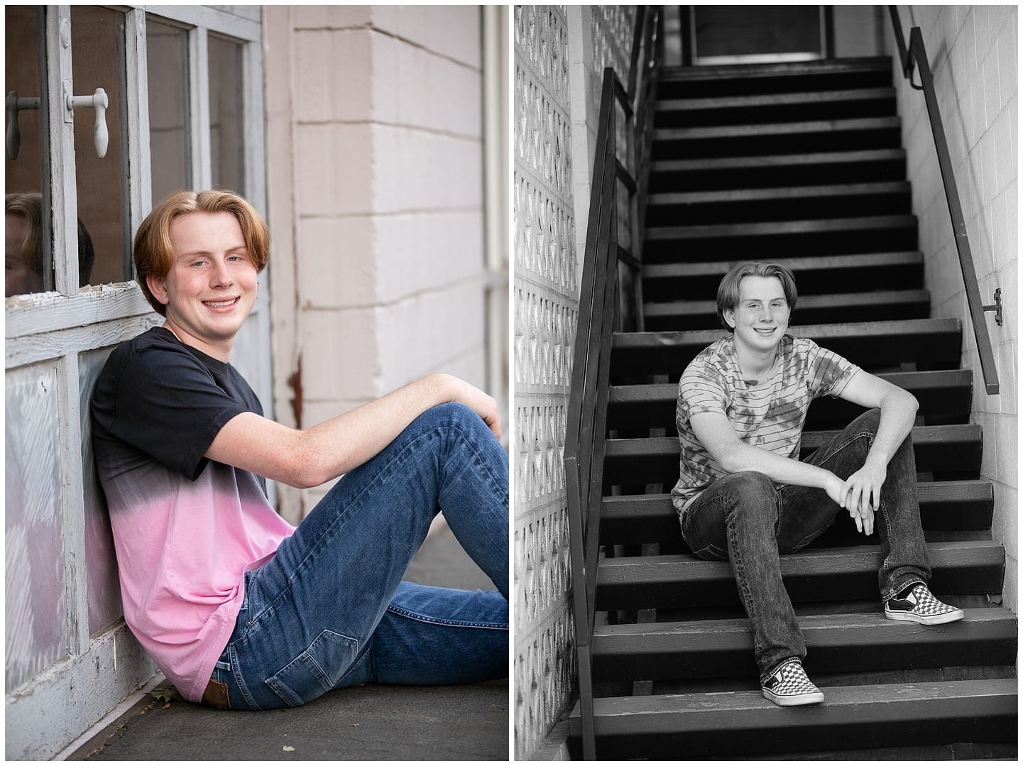 Teen boy poses on set of stairs. Photos by Tiffany Hix Photography.
