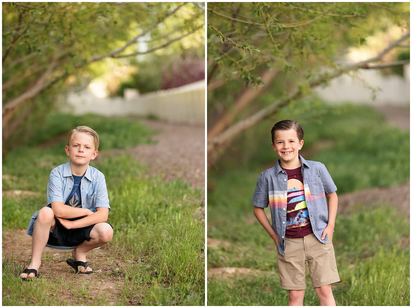 8 year old boys smile for camera. Photo by Tiffany Hix Photography.