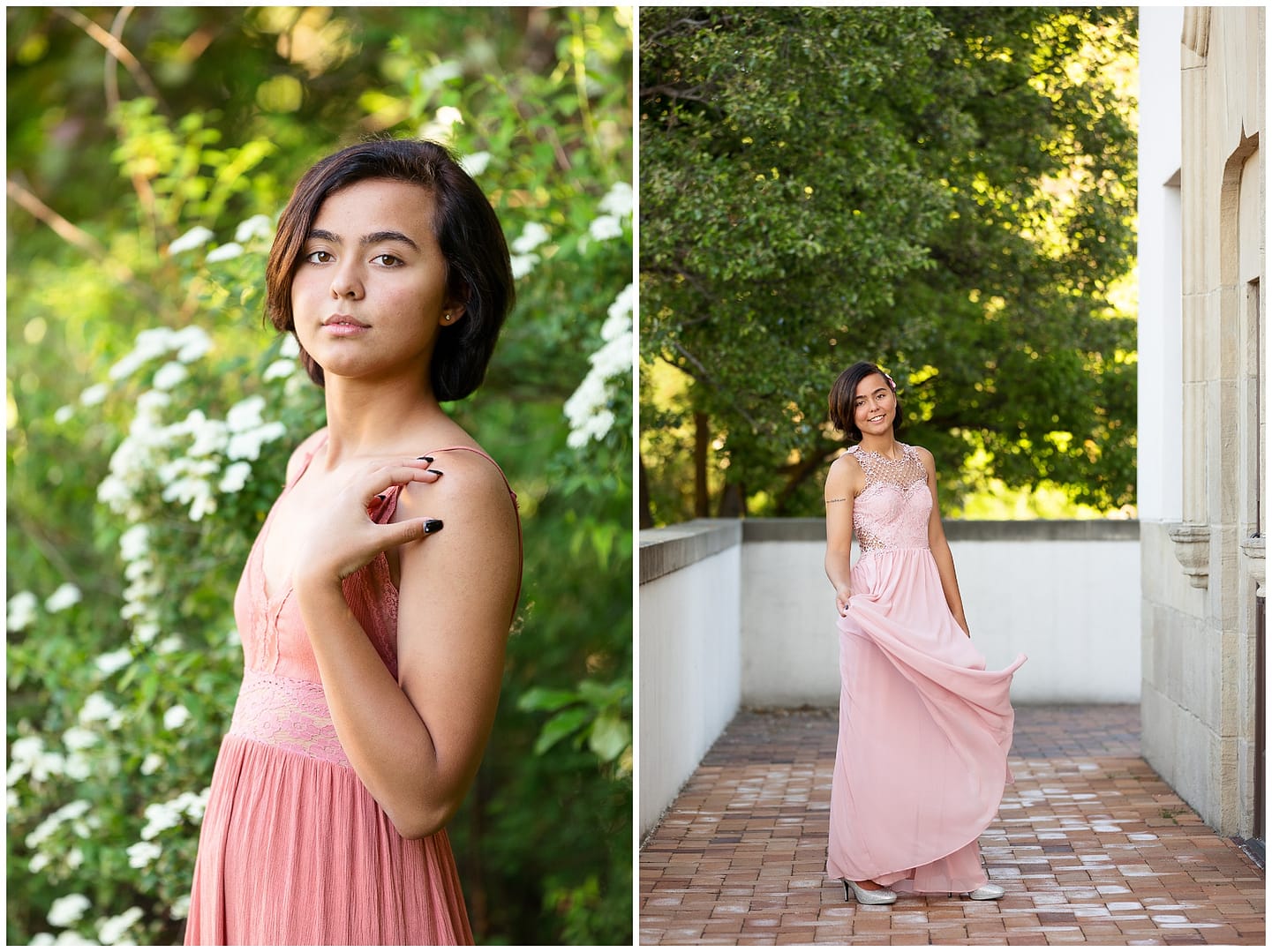 Young women poses in long pink dress. Photo by Tiffany Hix Photography.