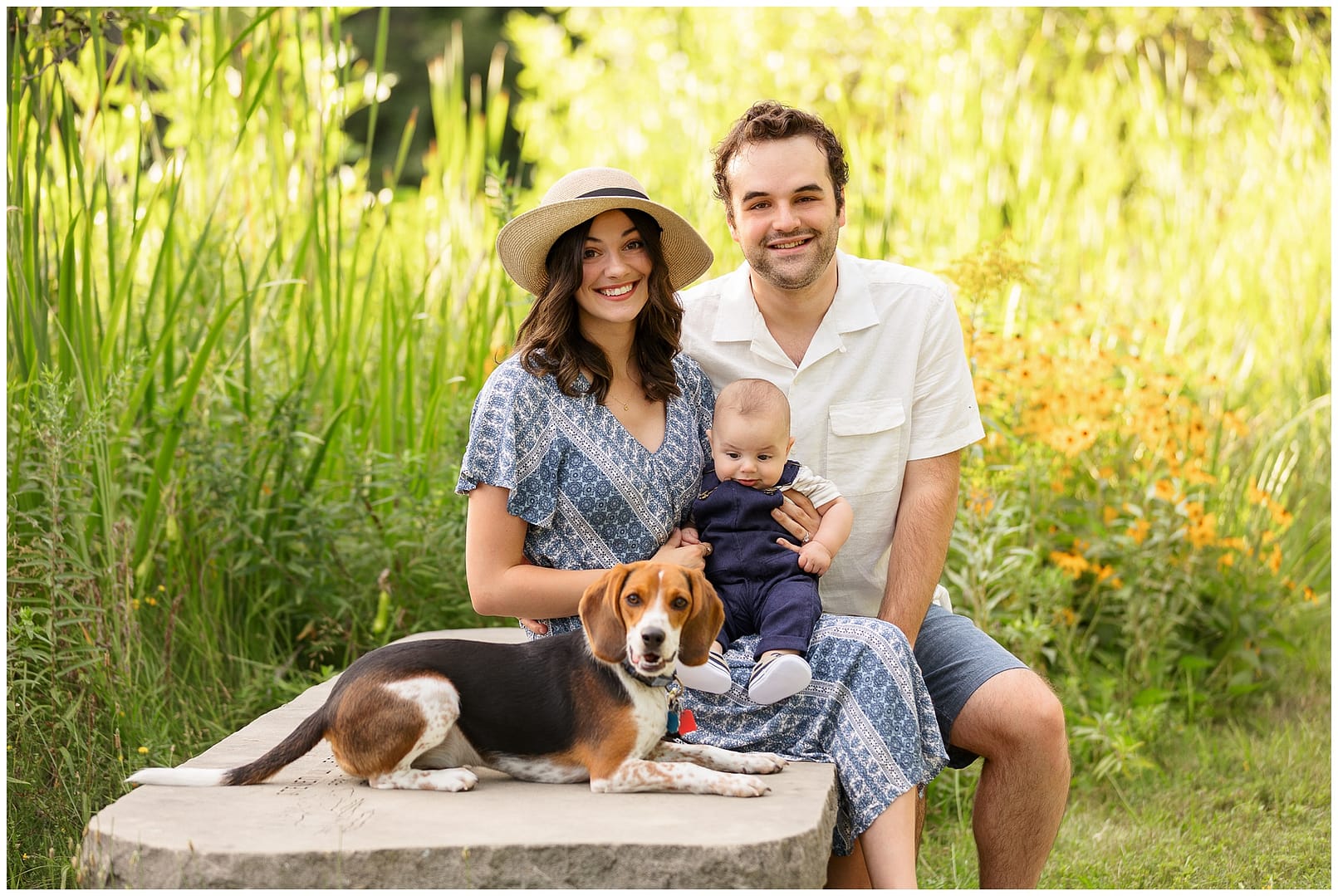 Family of three with their sweet beagle. Photo by Tiffany Hix Photography.