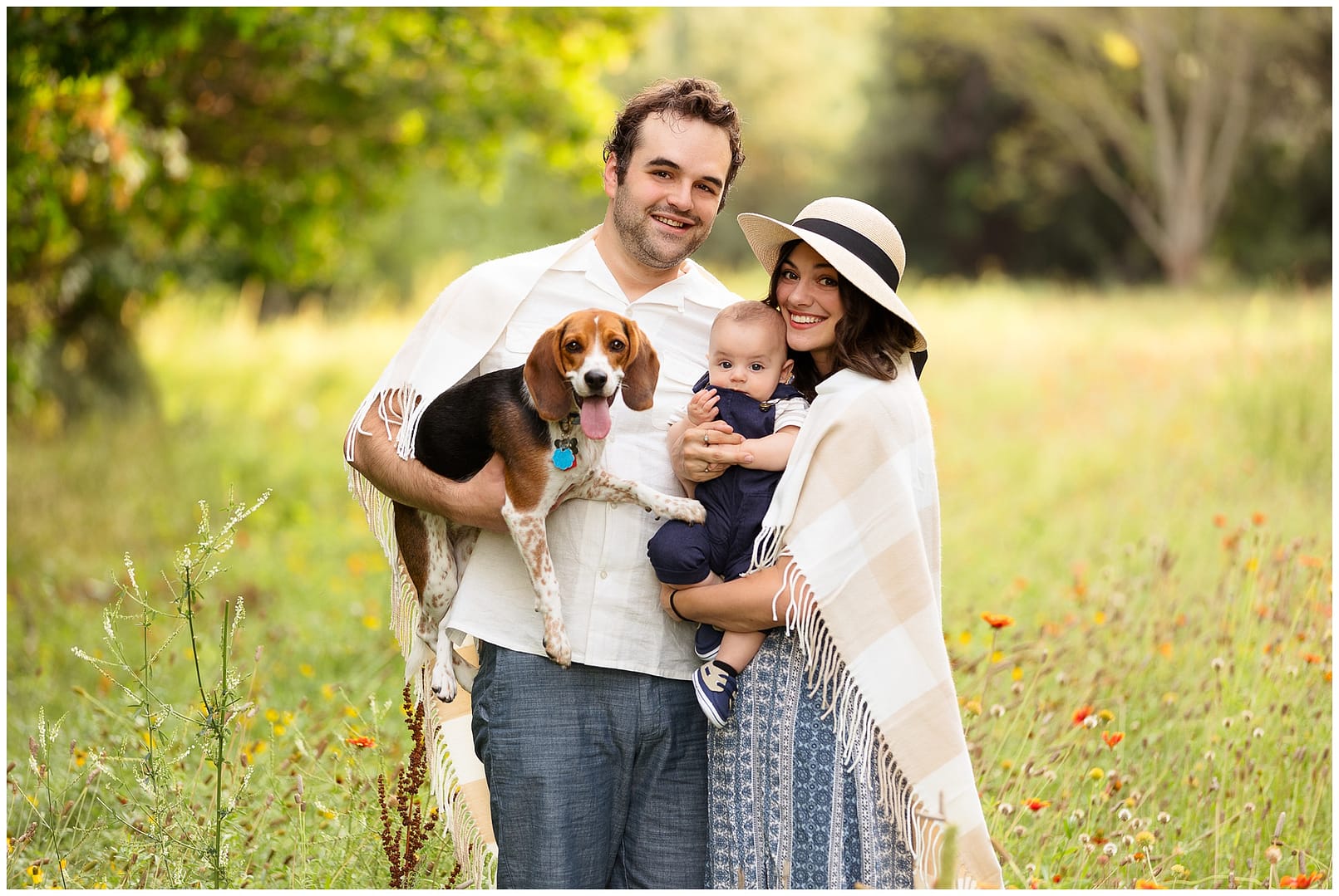 Natural family portrait of family of three and their beagle. Photo by Tiffany Hix Photography.