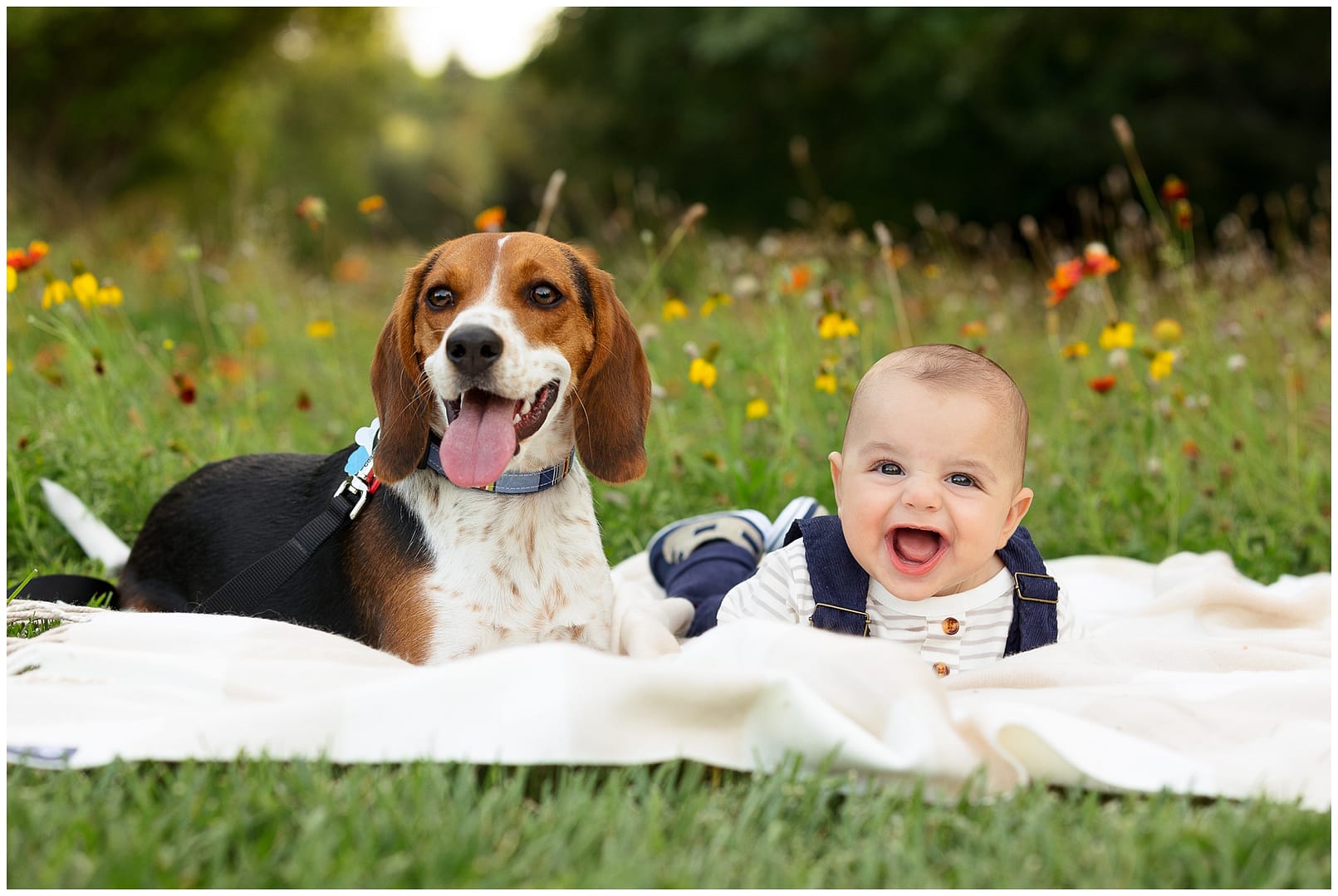 Baby boy and his dog smile for camera. Photo by Tiffany Hix Photography.
