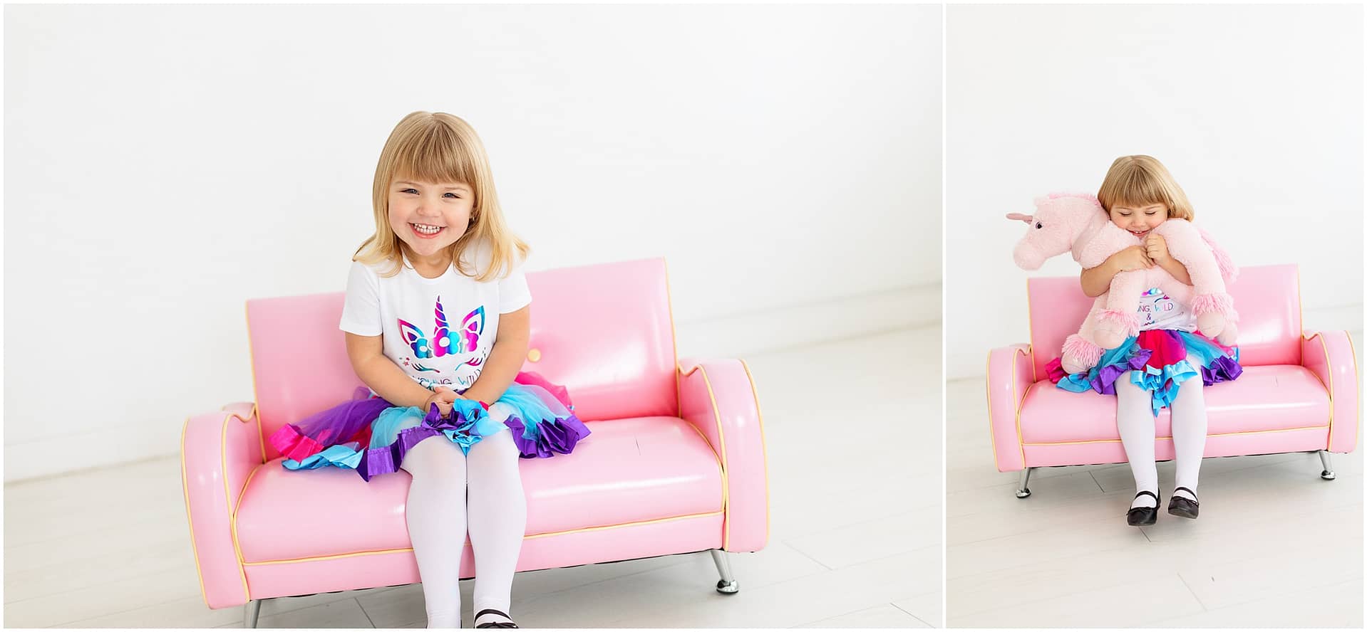 Little girl sits on pink couch while clutching a unicorn plush. Photo by Tiffany Hix Photography.